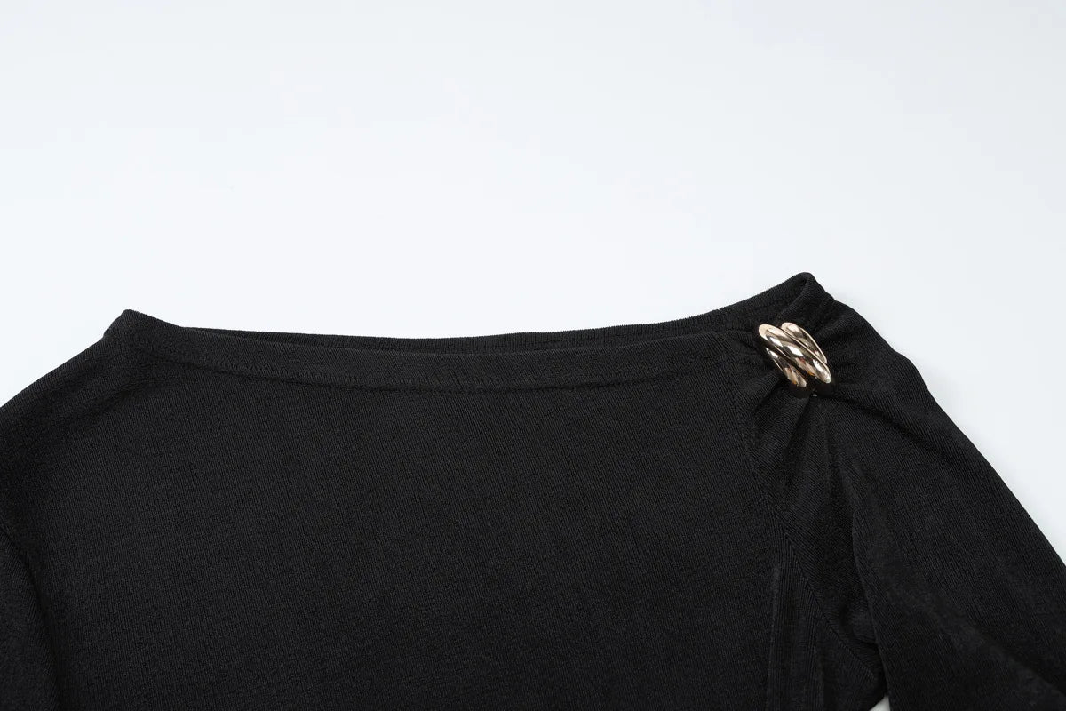 Cryptographic Autumn Casual Basic Asymmetrical Top Women Elegant Solid Long Sleeve Pullovers Black Top Y2K Slim Vintage Clothes.