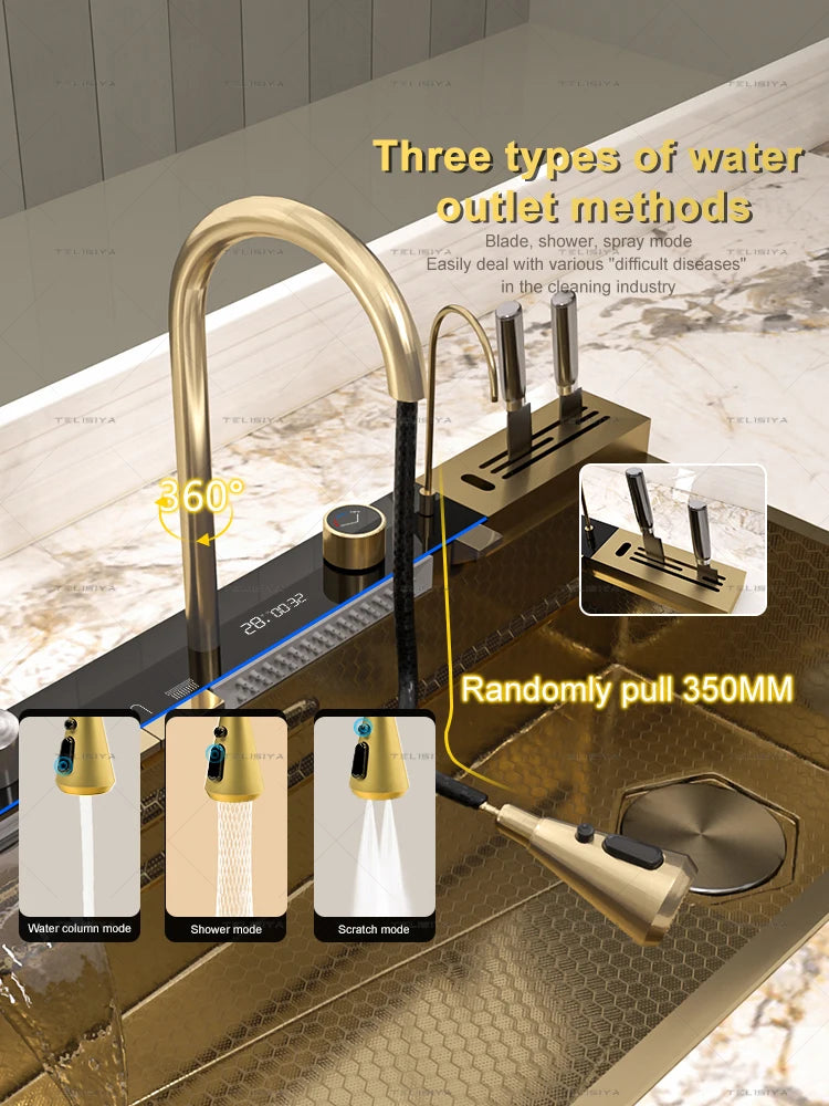 Goldenes Edelstahl-Wasserfall-Küchenspülbecken, multifunktional, groß, Einzelschlitz, Digitalanzeige, Geschirrspülbecken