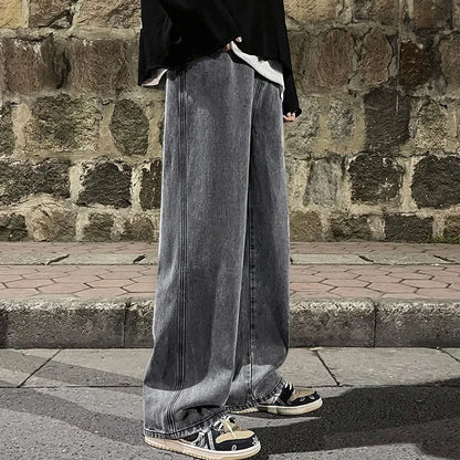 2024 New Men's Jeans Korean Casual Pants High Street Straight Student Loose Wide Black Grey Blue Baggy Denim Pants.