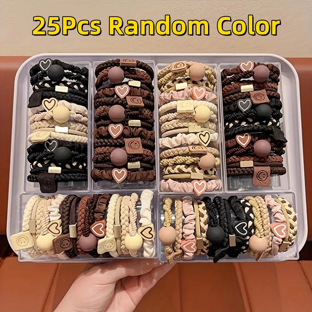 25Pcs Boho Chic Women's Hair Ties Set Cute Heart Charm & Bead Elastic Headbands Perfect for Ponytails and Workout Bohemian Style.
