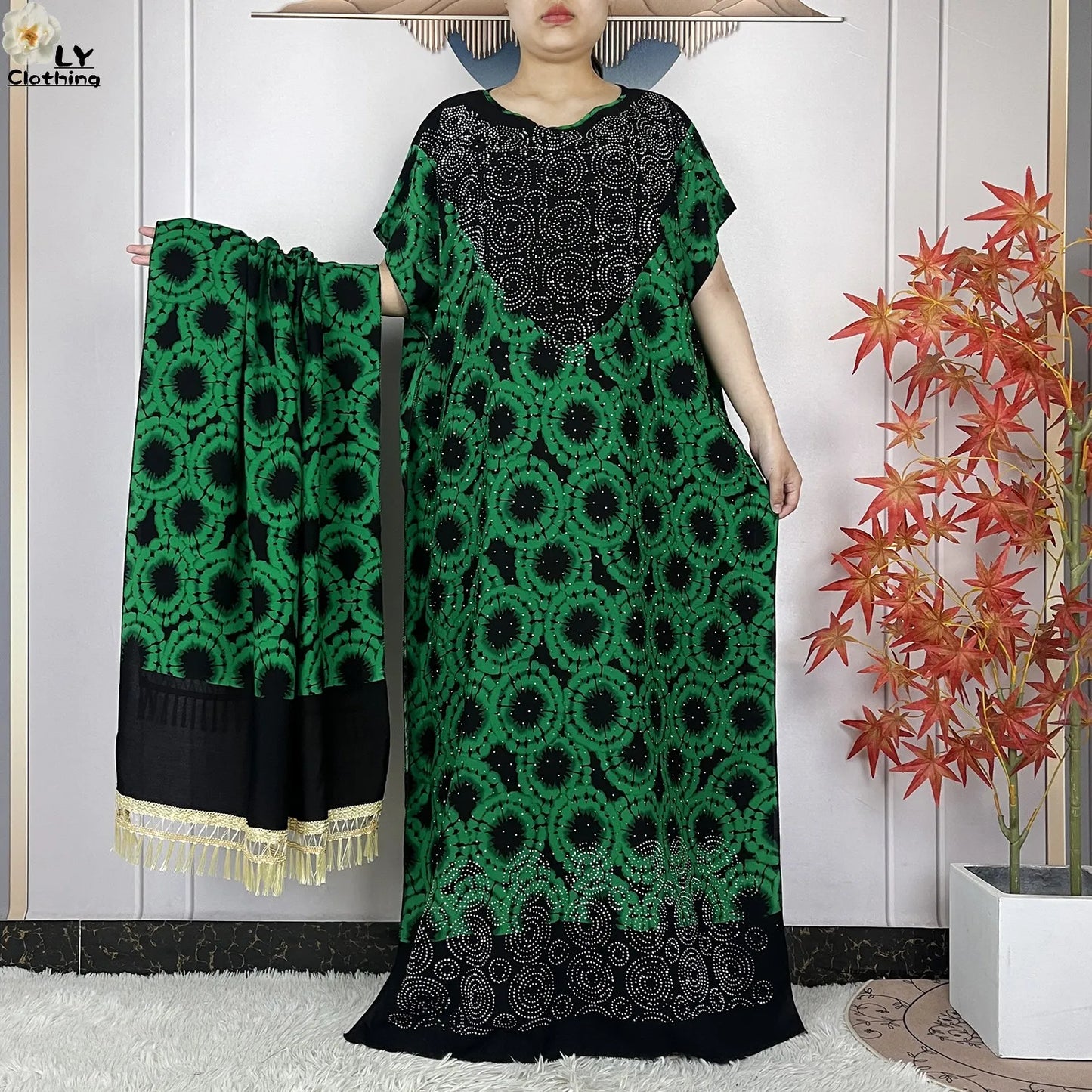 2024 New Muslim Women Dashiki Printed Dress Flower Diamonds Loose Dress With Big Scarf Islamic African Women Short Sleeve Abaya