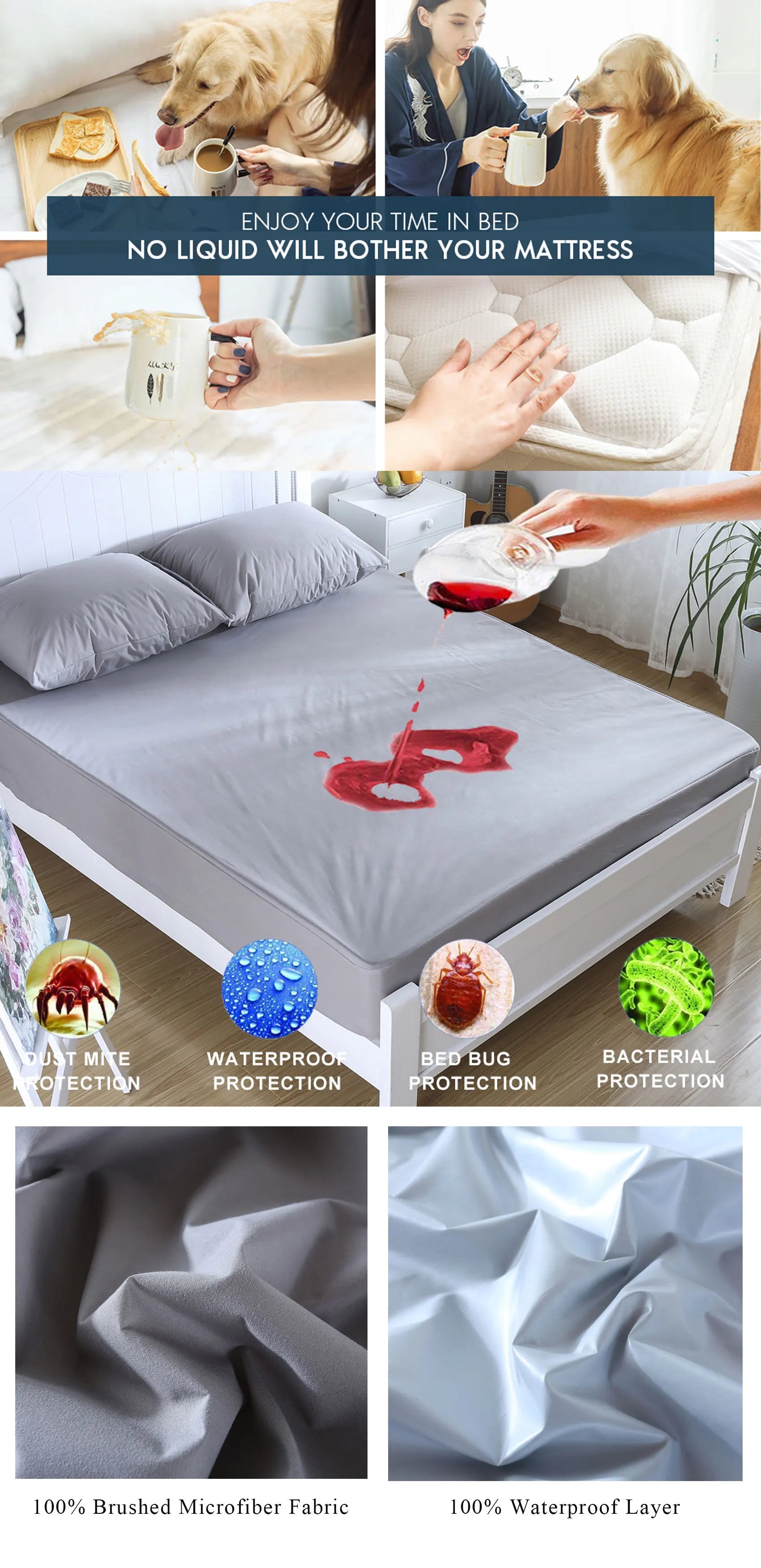 Solid Mattress Protector Waterproof Sheet Cover Black/Grey/Navy Blue Bed Mattress Pad Cover.