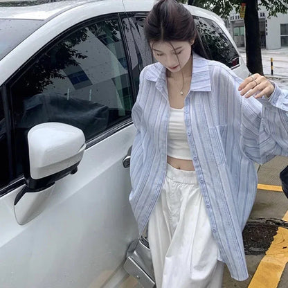 Pink Striped Shirt Women Korean Style Loose Long Sleeved Button Up Blouse Ladies Autumn New Wild Streetwear Casual Shirts 2025.