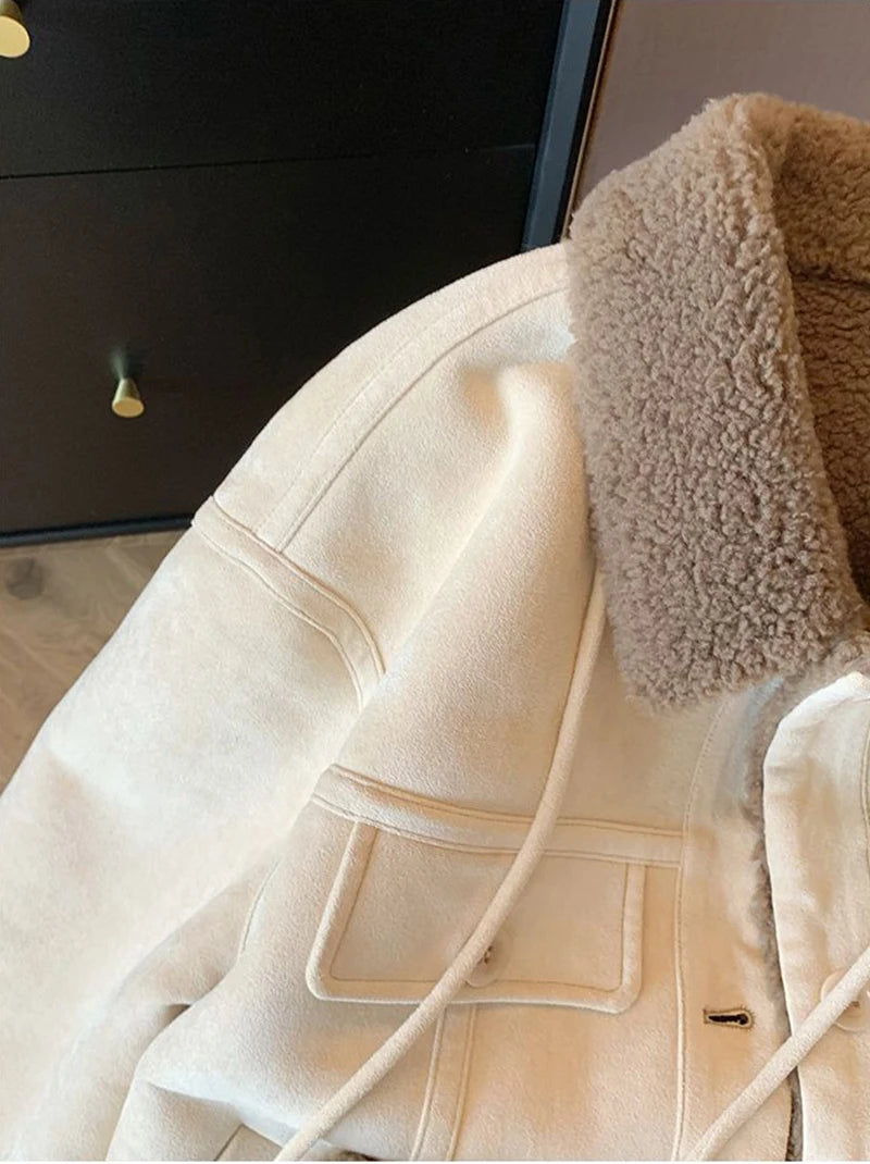 Wildleder Samt Lamm Jacke Frauen Herbst Winter Dicke Warme Turndown Kragen Mantel Y2K Lose Streetwear Alle Spiel Langarm Outwear.