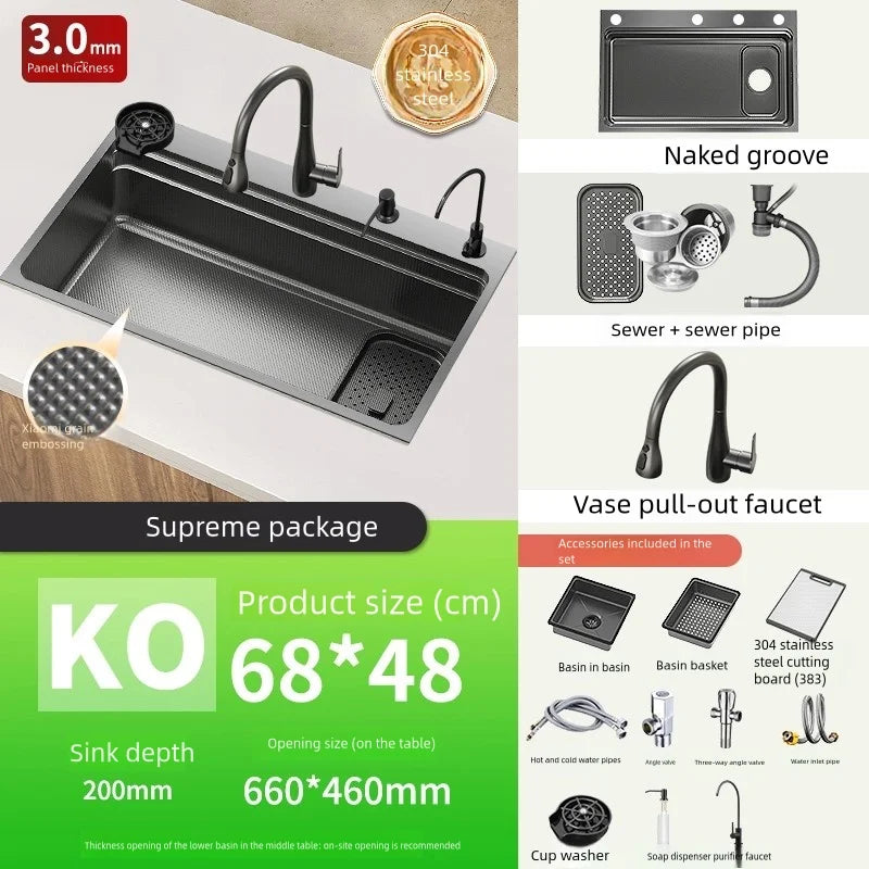 Black 304 Stainless Steel Kitchen Sink Household Multifunction Wash Dish and Vegetables Basin Large Single Slot Undermount Basin