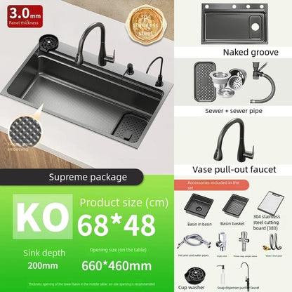 Black 304 Stainless Steel Kitchen Sink Household Multifunction Wash Dish and Vegetables Basin Large Single Slot Undermount Basin
