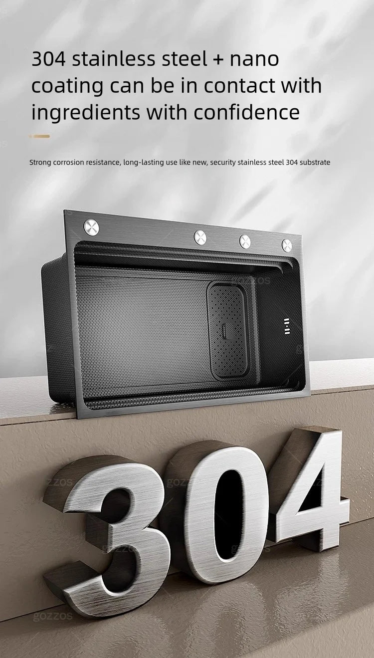 Black 304 Stainless Steel Kitchen Sink Household Multifunction Wash Dish and Vegetables Basin Large Single Slot Undermount Basin