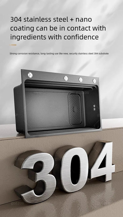 Black 304 Stainless Steel Kitchen Sink Household Multifunction Wash Dish and Vegetables Basin Large Single Slot Undermount Basin