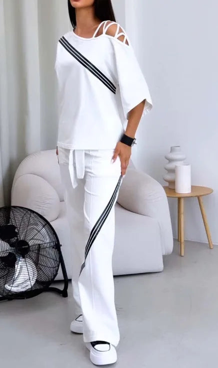 Spring Summer Women Fashion Two Pieces Sets 2025 New Off-the-shoulder Loose Short Sleeve Top And Pants Suits Outfits Clothing.