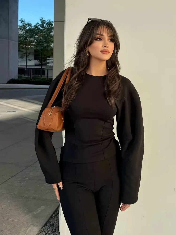 HH Women's 2-Piece Set Fashion Slimming Double-Sided Fabric Round Neck Long-Sleeve Top+Elegant Stretch Casual Wide Leg Pants.