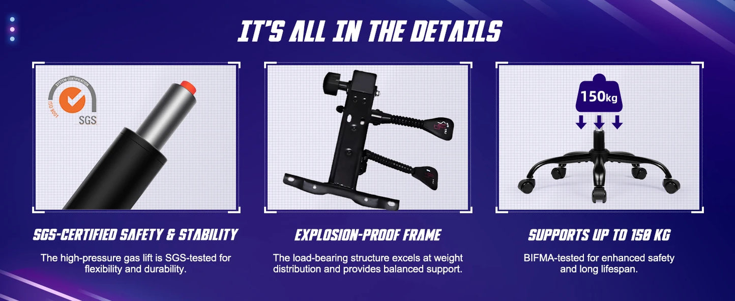AUTHMIC Ergonomischer Gaming-Stuhl mit Fußstütze und Lordosenstütze, verstellbarer Bürostuhl aus PU-Leder, für Heimbüro und Gamer