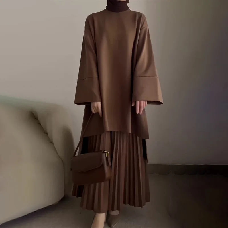 Eid Muslim Two Piece Set Women Top Long Skirt Suit Ramadan Morocco Dubai Islam Casual Ensemble Femme Arabic Skirts Outfits 2024.