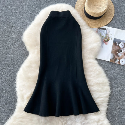 High Waisted Vintage Knitted Skirt Women Ruffled Slit Fishtail Office Midi Skirts Autumn Winter Woolen Skirt.