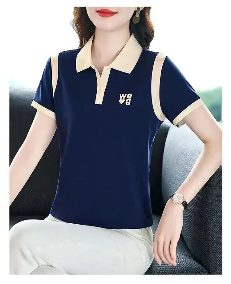 Sporty Short Sleeve Polo Shirt for Women Summer Fashionable Hong Kong Style Top Slim Fit Mixed Fabric Trendy T-Shirt.