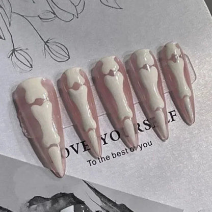 10pcs Halloween Goth Bone Press On Nail-Glossy Long Almond Shape False Nail Sweet and Cool Full Cover Design for Women and Girls.