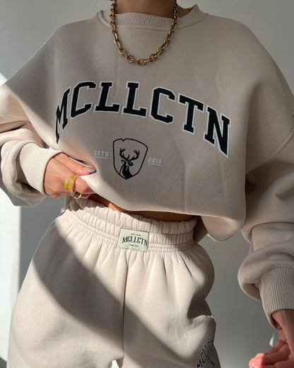 Warm Suit Autumn Winter Women Solid Set Elegant O-neck Pullover Hoodie And Pocket Trousers Two-Piece Set Lady Casual Loose Sets