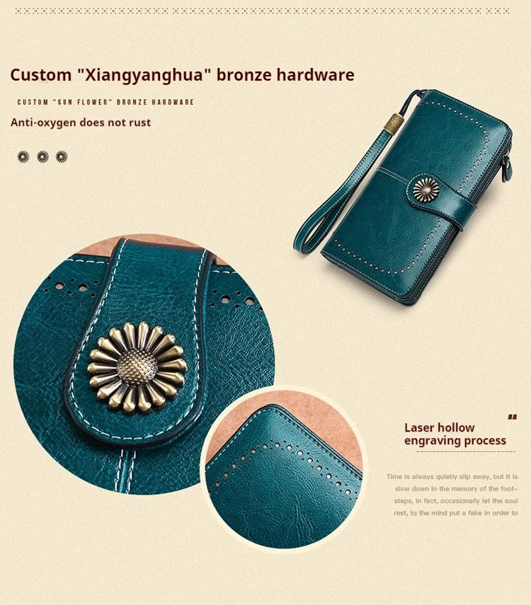 Vintage Large Capacity Women's Purse, Oil wax skin, Multi-card, Long Wallet, Multi-function Zipper Strap, Wrist Strap, New.