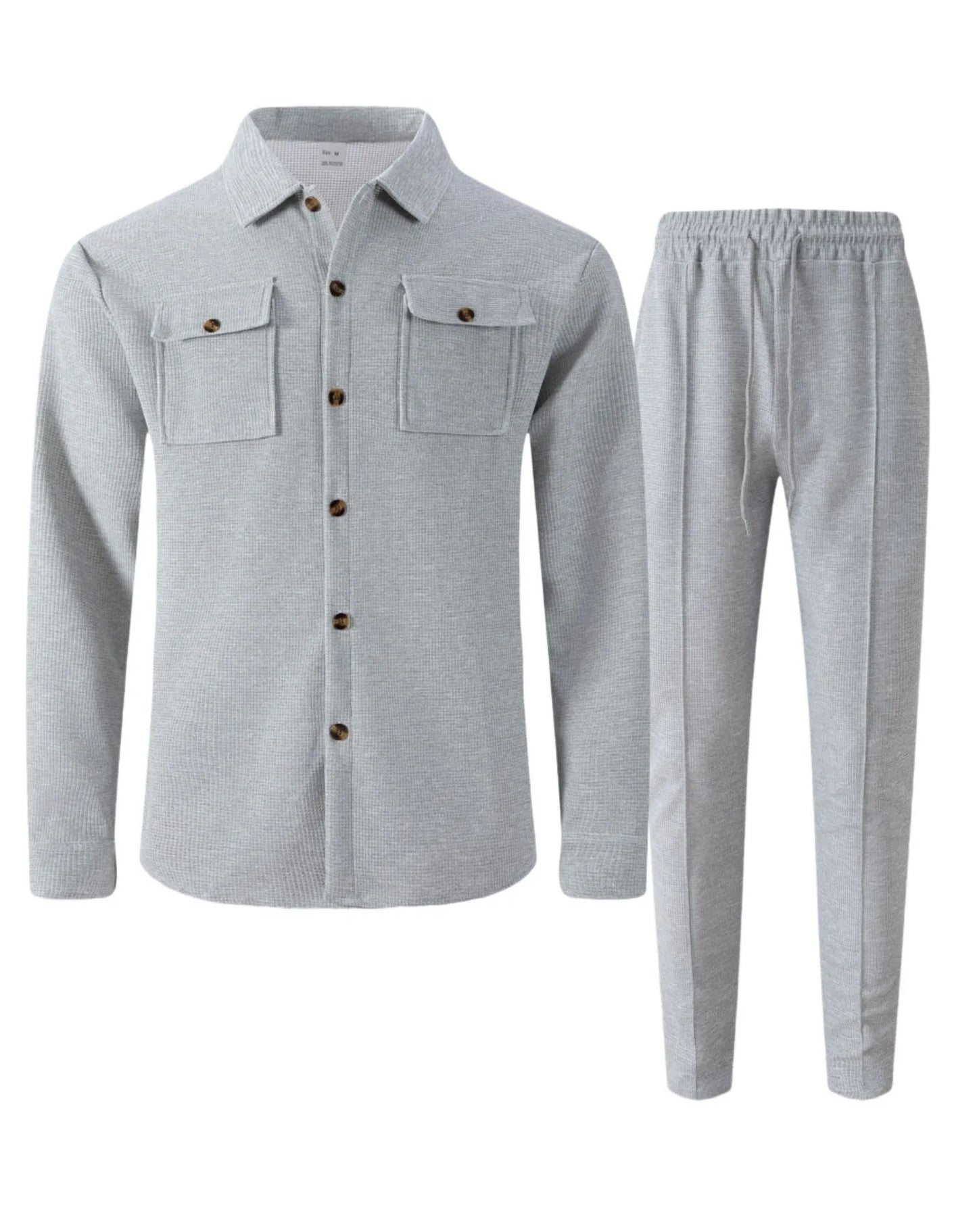 New autumn style waffle long-sleeved solid-color double-pocket buttoned cardigan shirt and pants set.