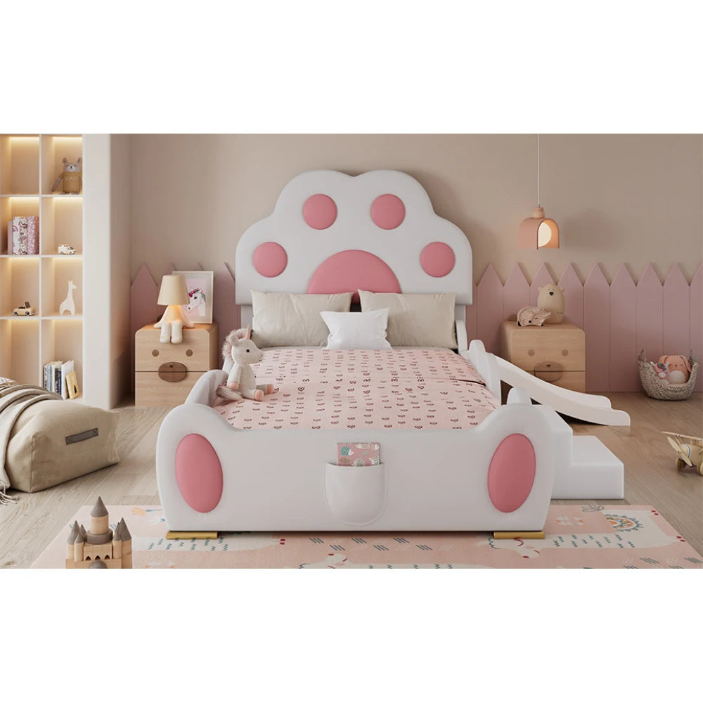 Cartoon süßes rosa Prinzessinnenbett, gepolstertes Bett, 90 x 200 cm, mit Kinderrutsche und zweistufiger Leiter, für Mädchenschlafzimmer