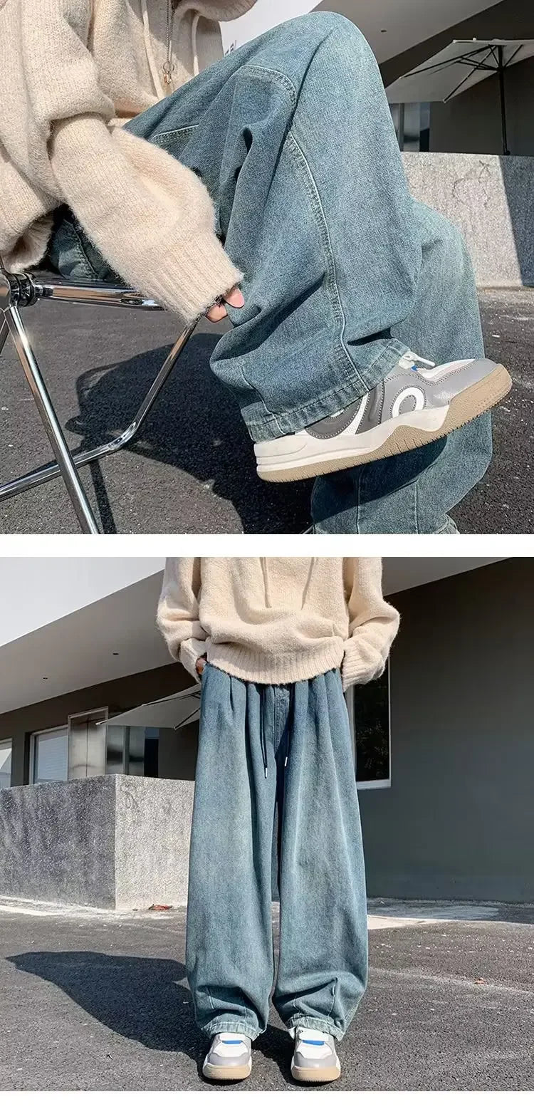 2024 New Trendy Wide-Leg Jeans Men's Loose-Fit Straight-Leg Casual Long Pants Vintage Washing Distressed Style.