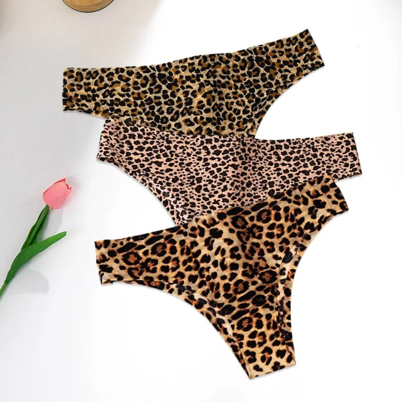 WarmSteps 3Pcs/Set Sexy Leopard Thongs Women's Panties Thongs 2024 New Female Underwear Seamless Printed Panties Ice Silk Briefs.