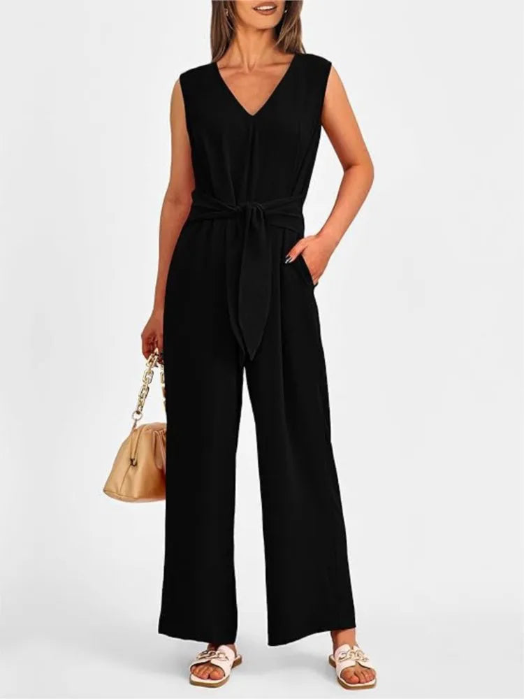 Summer High Waist Lace-up Jumpsuits Women 2025 New Sleeveless V-neck Side Pocket Solid Casual Jumpsuit Office Ladies Rompers.