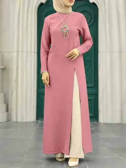 Muslim Women's Long Sleeve Crepe High Split Hem Dress