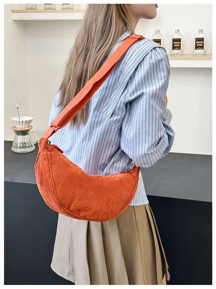 Solid Color Corduroy Women's Hobos Shoulder Bag Retro Casual Female Crossbody Bags Ladies Daily Travel Handbags Messenger Bag