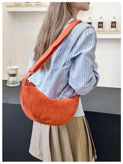 Solid Color Corduroy Women's Hobos Shoulder Bag Retro Casual Female Crossbody Bags Ladies Daily Travel Handbags Messenger Bag