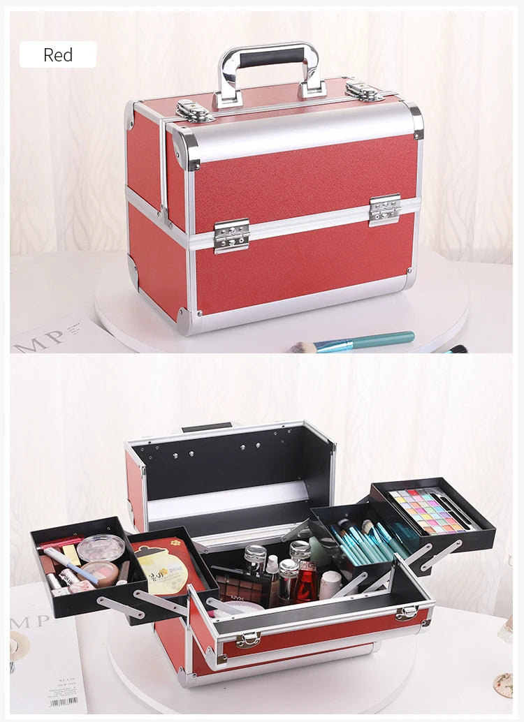 Makeup Train Case Pro Adjustable 4 Sliding Trays Cosmetic Case Storage Organizer Box Lockable Compartments.