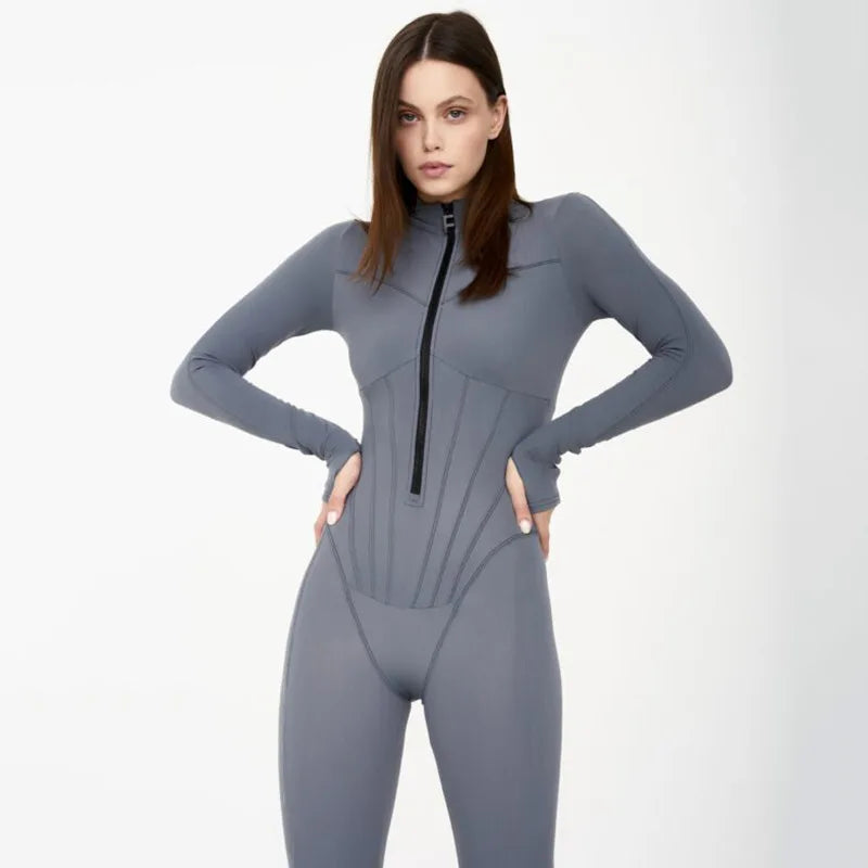 Elegant Women Zip-up O-neck Long Sleeve Jumpsuit Streetwear 2025 Summer Autumn Female Overalls One Piece Fitness Sports Bodysuit.