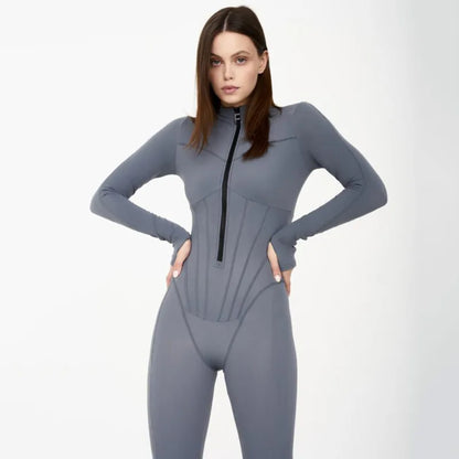 Elegant Women Zip-up O-neck Long Sleeve Jumpsuit Streetwear 2025 Summer Autumn Female Overalls One Piece Fitness Sports Bodysuit.
