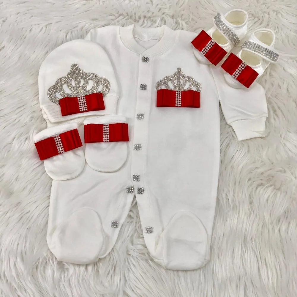 Dollbling Newborn Set Baby's Sets Rhinestone Crown 0-3 Months Hat+Bodysuits+Gloves+Shoes 4 Parts Boy Girl Jumpsuit Clothing
