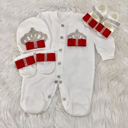 Dollbling Newborn Set Baby's Sets Rhinestone Crown 0-3 Months Hat+Bodysuits+Gloves+Shoes 4 Parts Boy Girl Jumpsuit Clothing