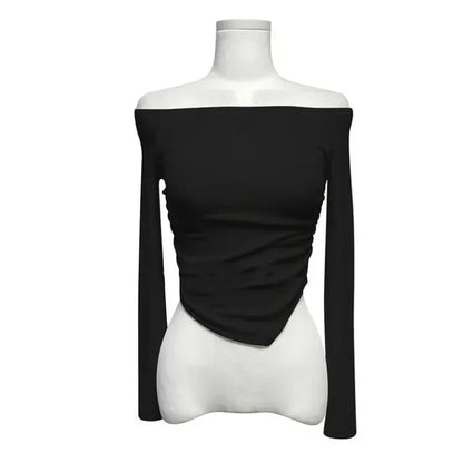 Korean Dongdaemun Fashionable Women's Clothing Off-the-shoulder Sexy Slimming Long Sleeve T-shirt Cropped Top Smooth Silhouette