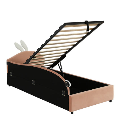 Polsterbett, Einzelbett, Babybett, niedlicher Hasenkopf, hydraulisches Bett mit Stauraum, erhöhter weicher Zaun, Samt, rosa + weiß, 90 x 200 cm