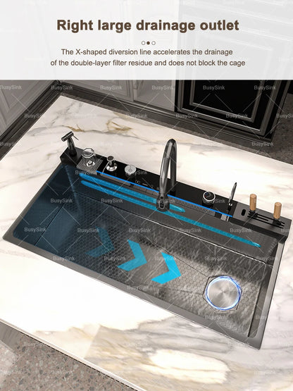 100x50cm Waterfall Kitchen Sink Stainless Steel Extra Large Single Bowl Digital Display Multifunctional Dishwashing Sinks