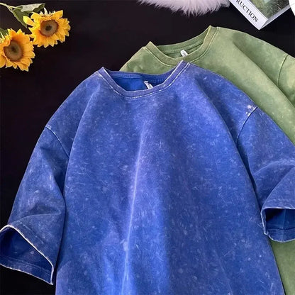 American Style Retro Heavyweight Solid Color Short Sleeved T-shirt Men Women Summer Street Trendy Washed Old Oversized Clothes.
