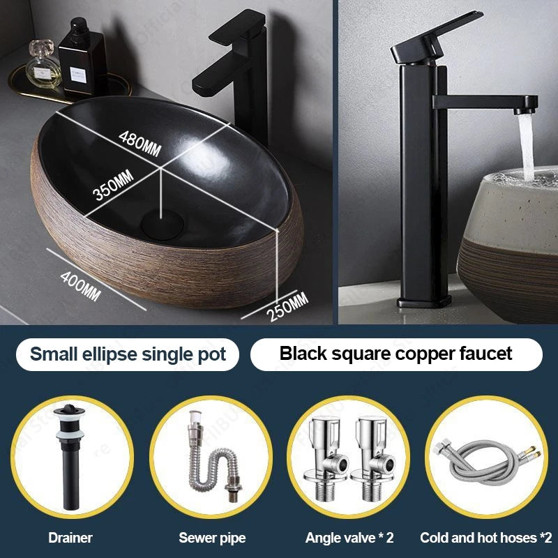 Braunes Porzellan-Keramik-Waschbecken über der Theke, Waschtisch, Schüsselbecken, Badezimmer, Sanitär, Balkon, Tisch, Waschbecken, Arbeitsplatte, ovales Waschbecken