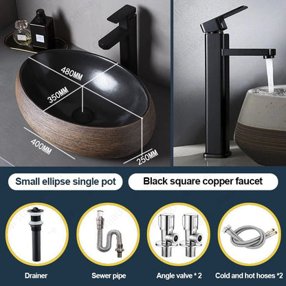 Braunes Porzellan-Keramik-Waschbecken über der Theke, Waschtisch, Schüsselbecken, Badezimmer, Sanitär, Balkon, Tisch, Waschbecken, Arbeitsplatte, ovales Waschbecken