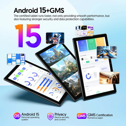 BAKEN 10-inch tablet with SIM card slot, Android 15, Wi-Fi, GPS, Bluetooth, 64GB storage, dual speakers, USB-C port.
