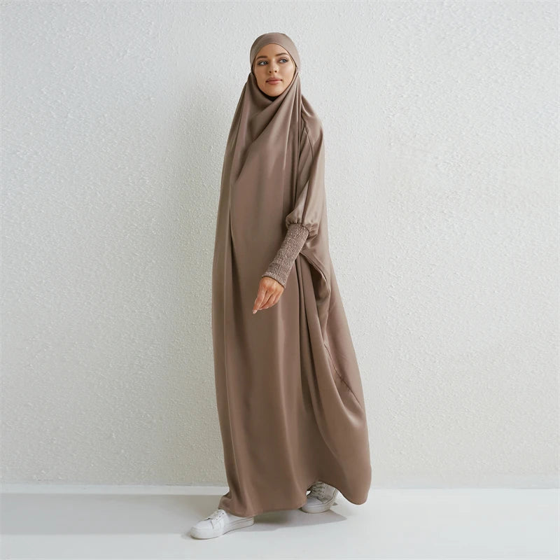 Muslimische Abaya mit Kapuze, Smockärmel, einteiliges Gebetskleid, Damen, Jilbab, islamische Kleidung, Dubai, Saudi-Arabien, schwarze Robe, türkische Bescheidenheit.