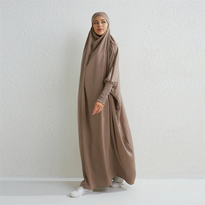 Muslimische Abaya mit Kapuze, Smockärmel, einteiliges Gebetskleid, Damen, Jilbab, islamische Kleidung, Dubai, Saudi-Arabien, schwarze Robe, türkische Bescheidenheit.