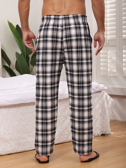3Pcs Men's 100% Cotton Plaid Pajama Sleeping Pants, Long Plaid Print Sleepwear Pajama Pants with Elastic Waist Homewear.