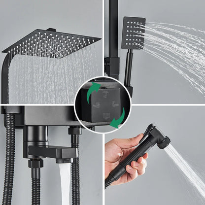 Rainfall Bathroom Shower Faucet Kit With Bidet Wall Mounted Stainless Steel Hot Cold Water Mixer Tap System With Rack,Tub Spout