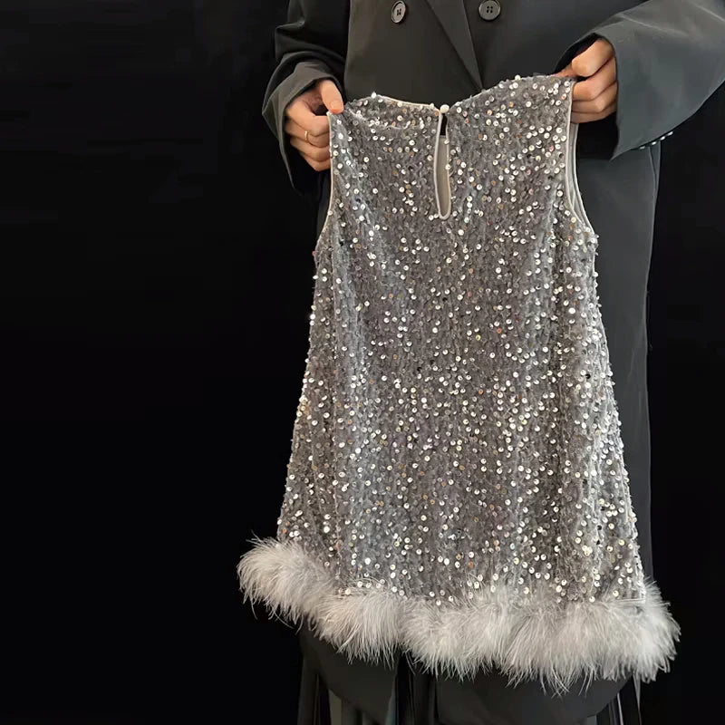 Pailletten Mädchen Prinzessin Kleid Grau Rundhals Ärmellose Feder Weste Kleid Kinder Geburtstag Party Kleid Performance Kleid.