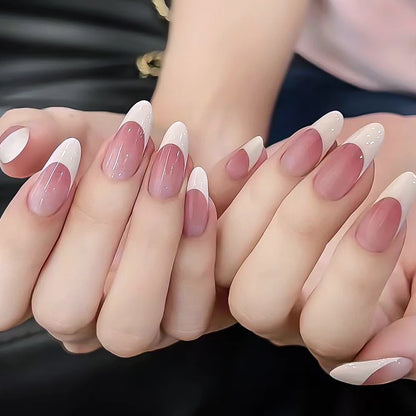 24pcs(+Tools) Pearl Bow Nude Pink Press On Nails White French Fingertips Almond Full Cover Fasle Nails New Year Nail Accessories.