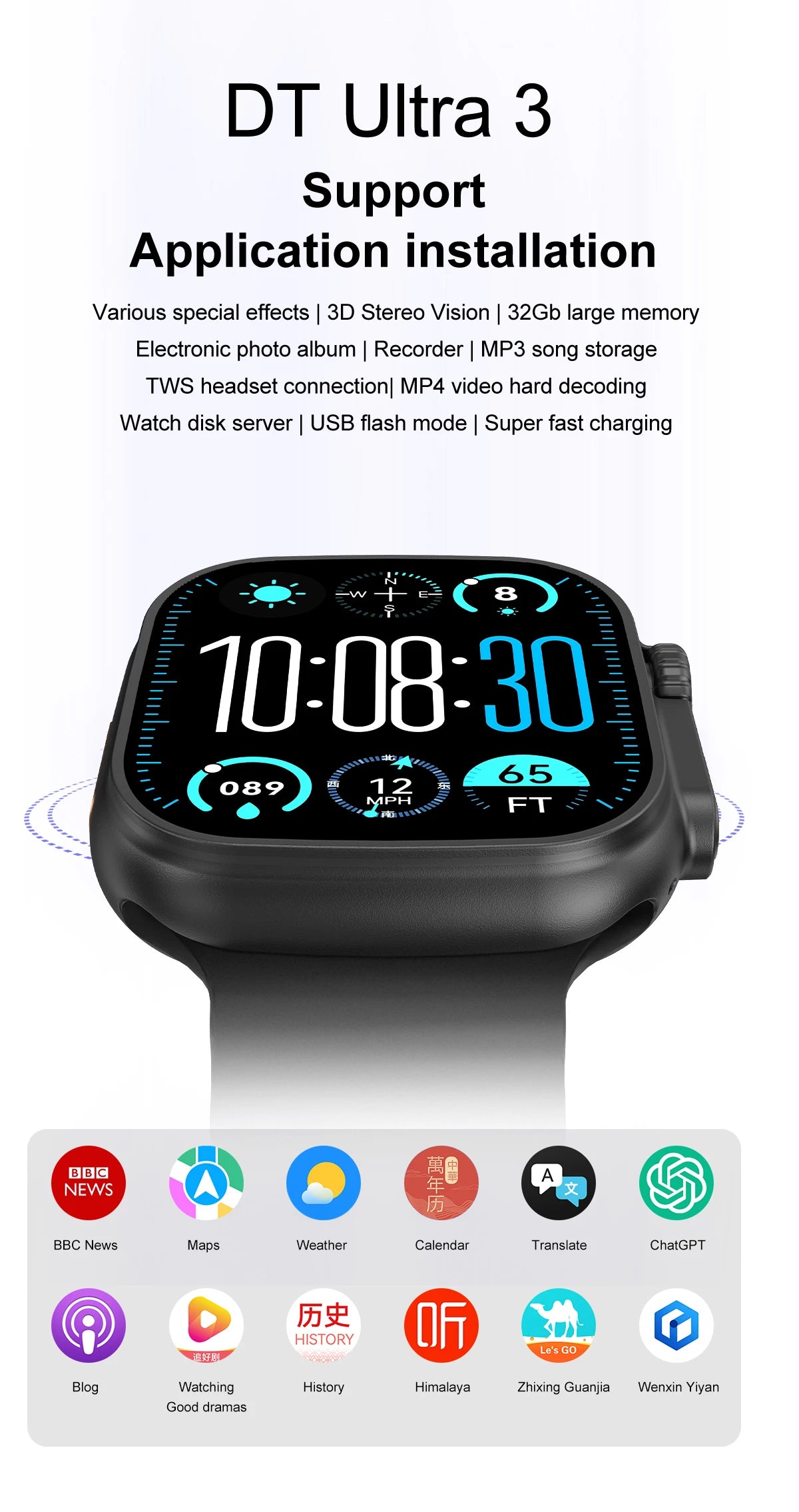 DT Ultra 3 Smartwatch Amoled Screen 4GB MP3 MP4 Player Bluetooth Network Sharing APP Store ChatGPT Smart AI Watch Men Sportwatch.