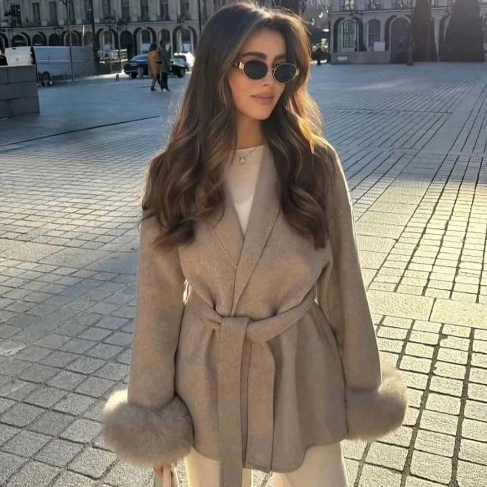 2025 Chic Lapel Plush Coat With Belt Women Vintage Faux Fur Sleeve Tweed Open Coats Female Autumn Winter Casual Street Outwear
