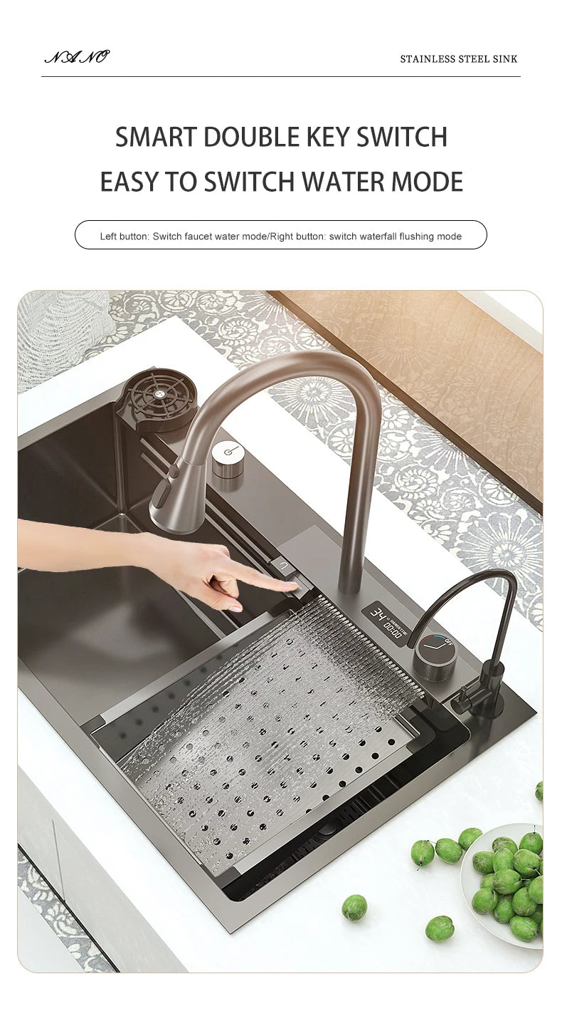 Waterfall Sink Kitchen Stainless Steel Topmount Sink Large Single Slot Wash Basin With Multifunction Touch Waterfall Faucet